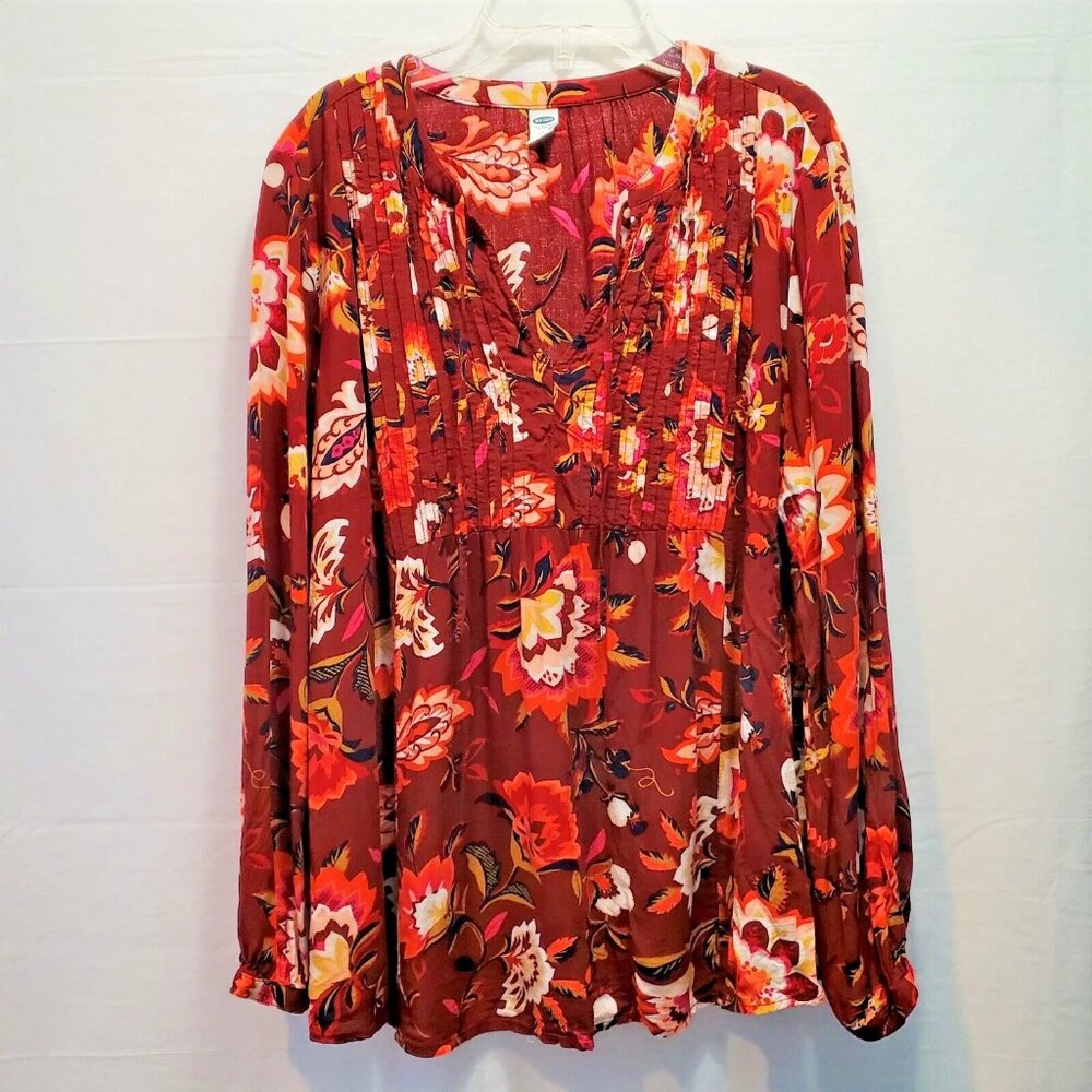 Old Navy Women 1X Peasant Floral Top Pintuck Burgundy Boho Cottagecore Romantic